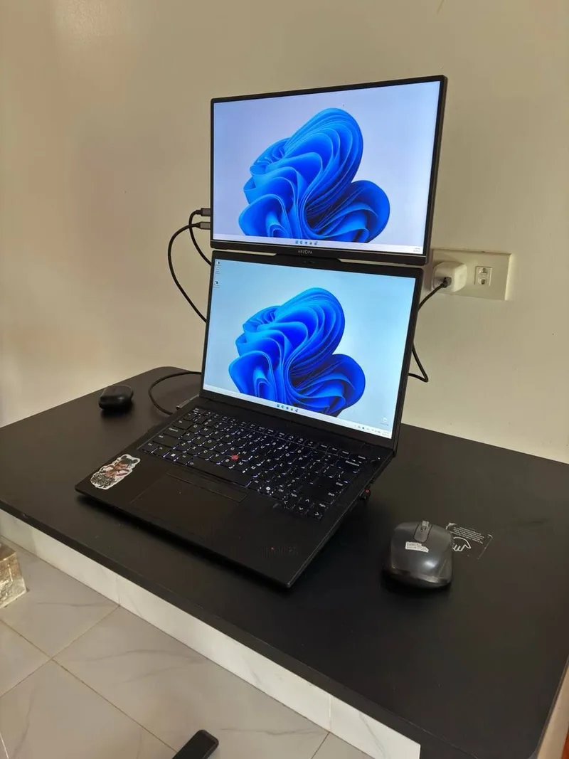 Compact Vertical Dual-Screen Laptop Setup