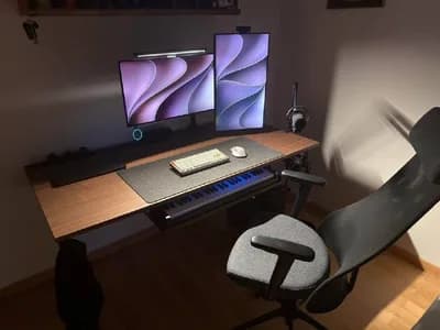 Compact Desk with Dual Monitors and Keyboard Piano