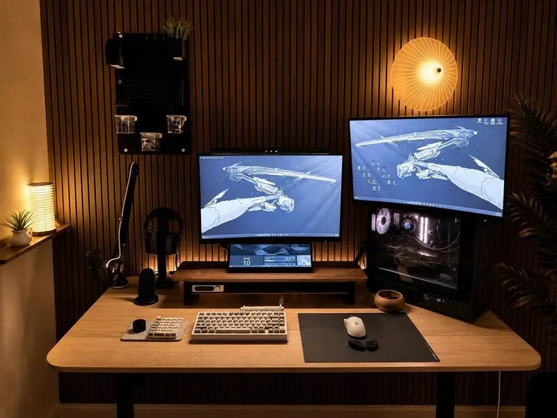 Warm Wood Dual-Monitor Creator Studio