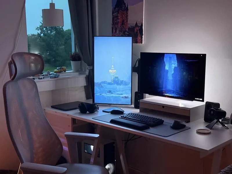 Blue-Lit Window-Side Gaming Setup