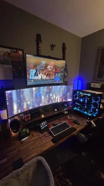 Blue-Lit Dual-Monitor Gaming Battlestation
